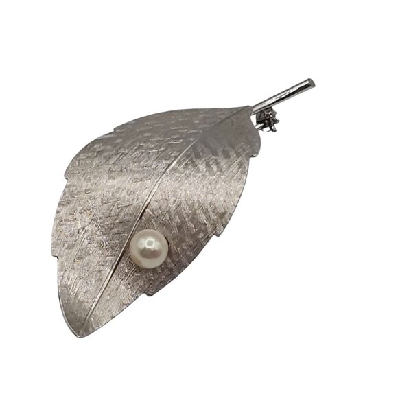 Krementz VTG Brooch Brushed SilverTone Leaf Boho Cottagecore FauxPearl Fairycore - Picture 9 of 15